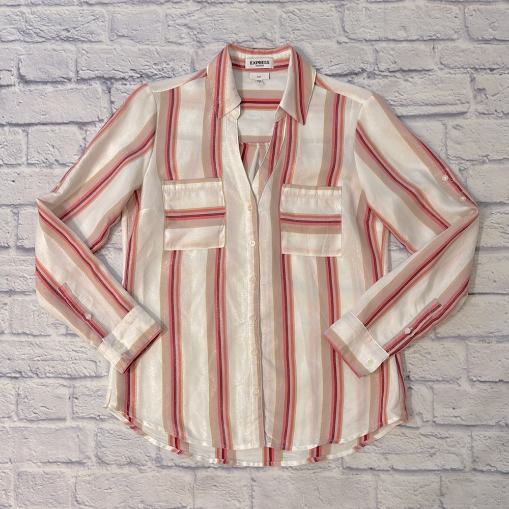 Express Portofino Slim Shiny Dressy Blouse Striped Pink White Long Sleeve Small